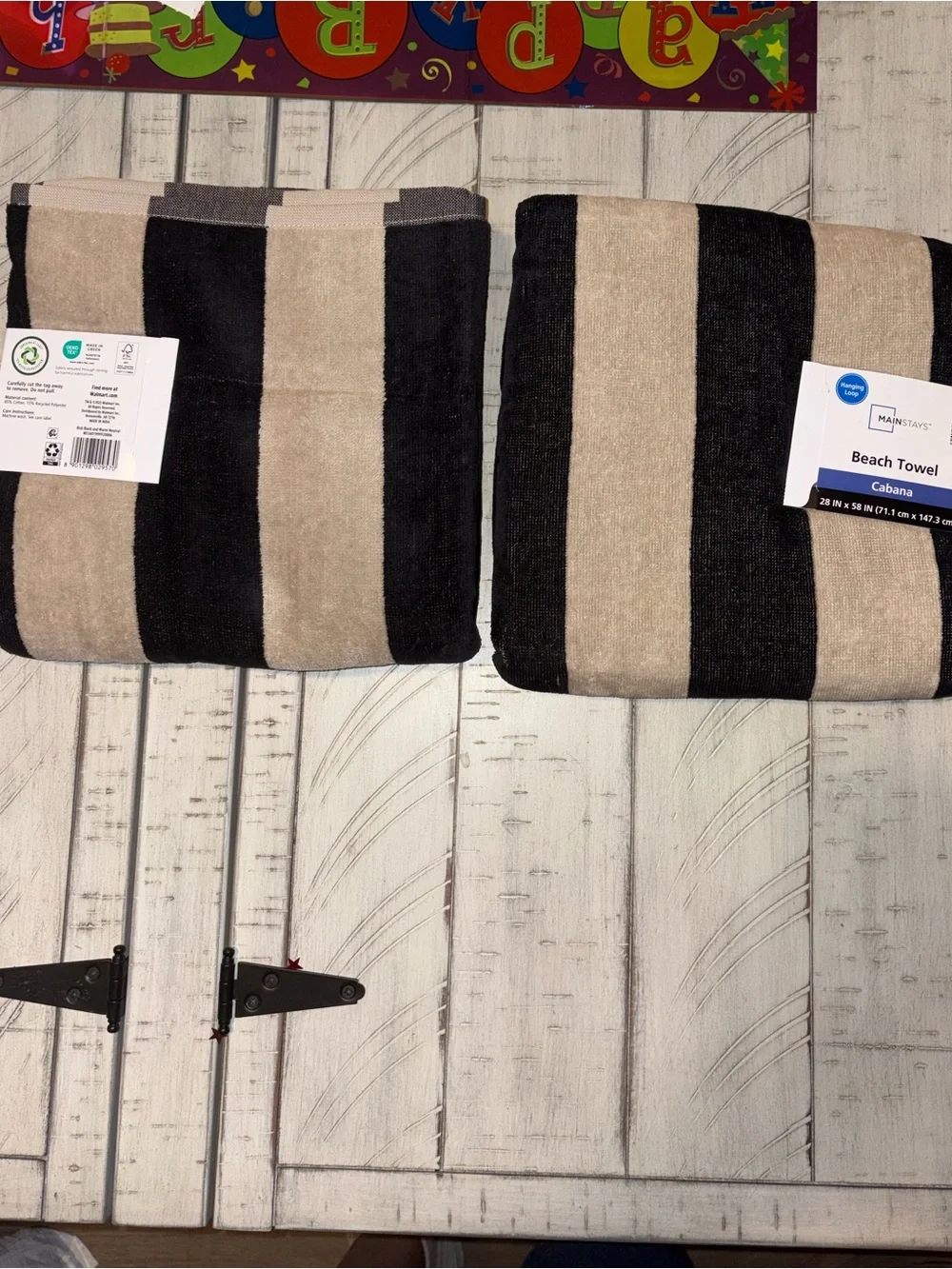 2-Mainstays Cabana Striped Cotton Beach Towel w/ Hanging Loop Black / Tan 28x58